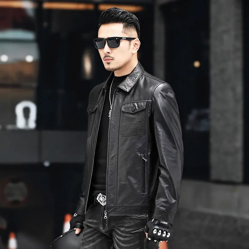 2022 Men Spring Autumn New Lapel Motorcycle Jackets Male Genuine Cow Leather Coats Men Solid Color Real Leather Outerwear N97