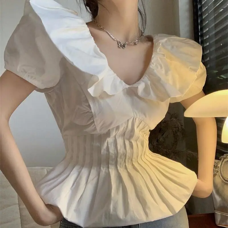 

Niche French Puff Sleeve Ruffles Shirt Tops Women 2024 Summer Corset V-neck White Office Lady Solid Color Light Cooked Shirt