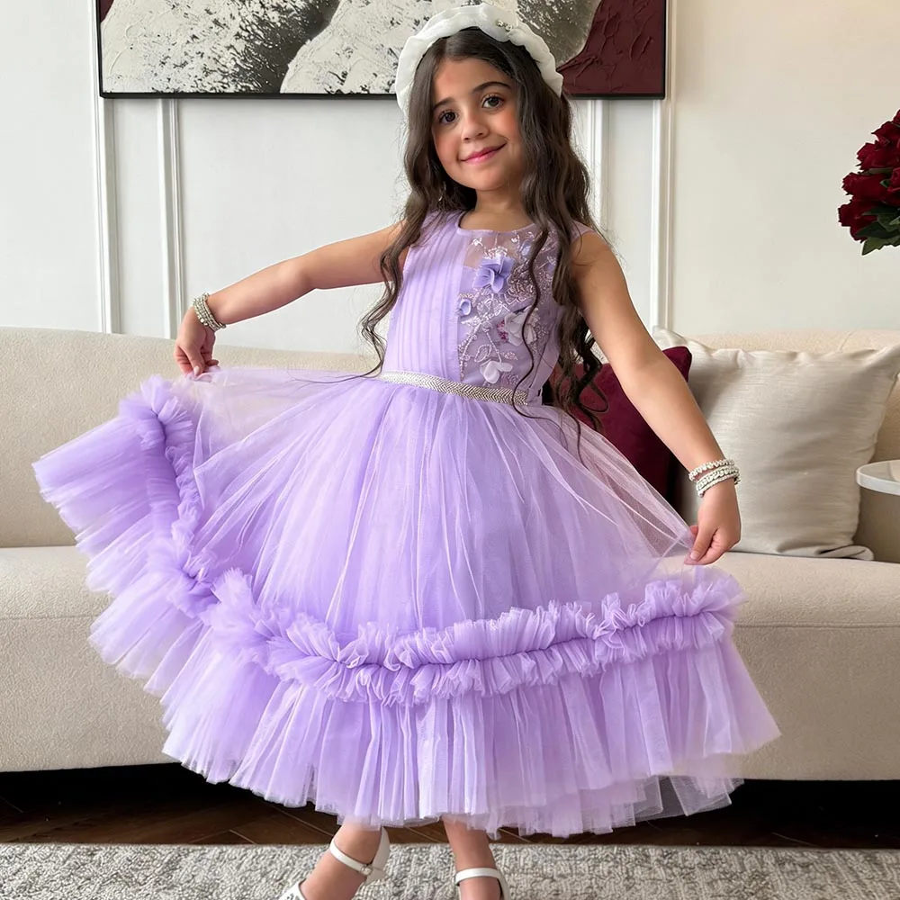 

Lilac Chic Flower Girl Dresses Lace Dress For Girls Puffy Birthday Dress O-neck Girl Princess Dress Midi Cute Kids' Dresses