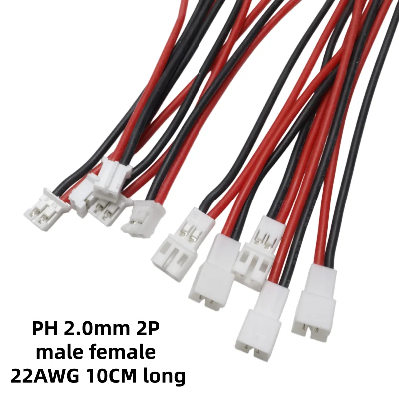PH 2.0mm 2P JST Male/Female Single Head Cable 22AWG Silicone Wire 100mm for Arduino DIY Projects RC Drone