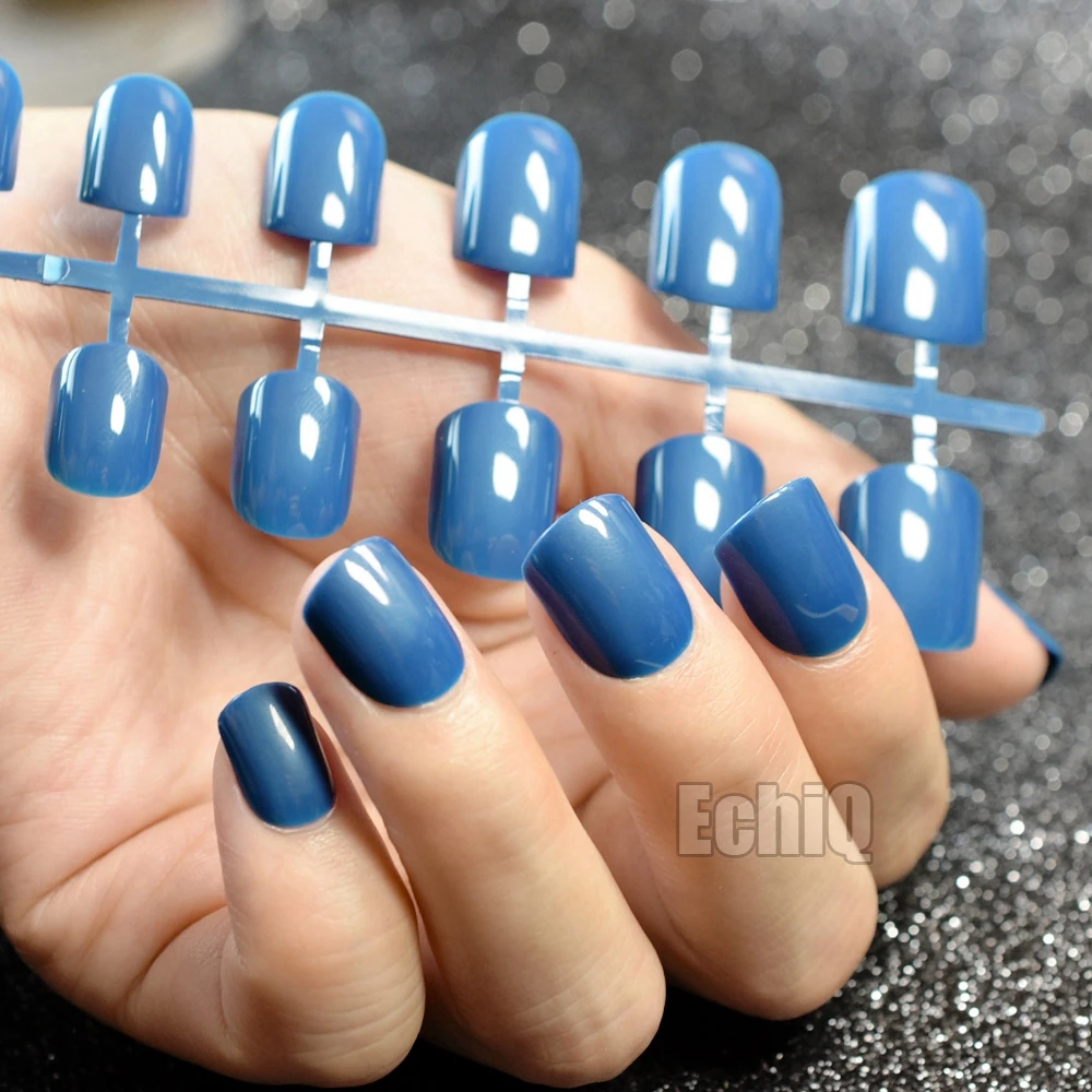 Fashion Blue Short False Nails Finger Tips Square Head Fake Nail Acrylic Nails Tips Full Nail Tips Patch Llady Art Tool