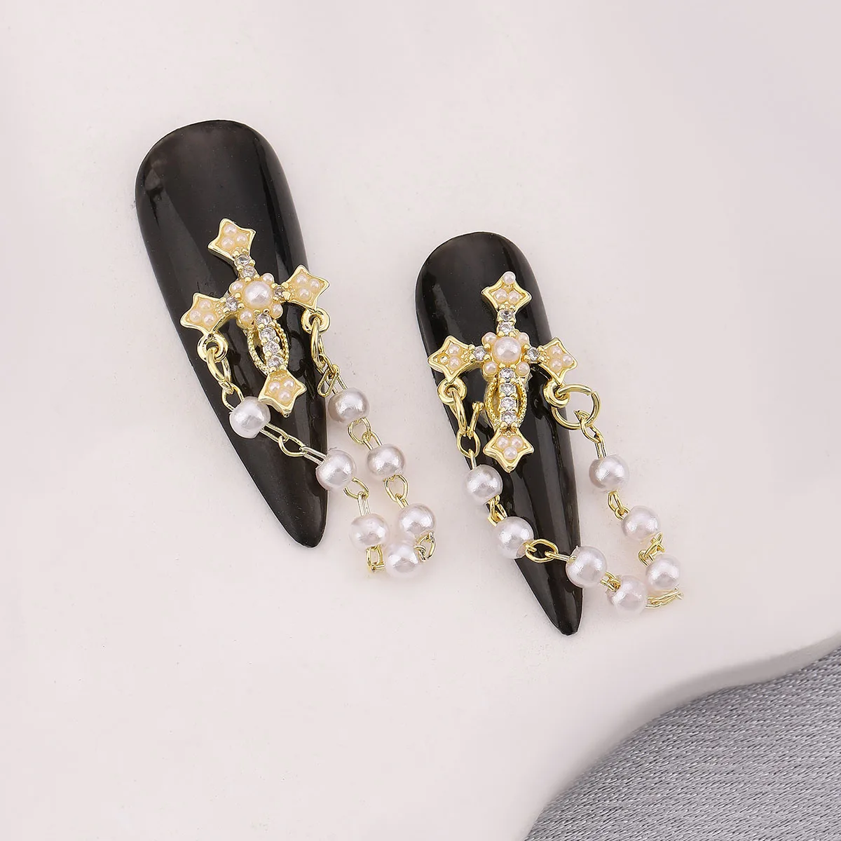 2 pcs Court wind Cross Pearl Pendant Nail patch Light luxury micro set diamond Zircon Pearl nail decoration nail accessories