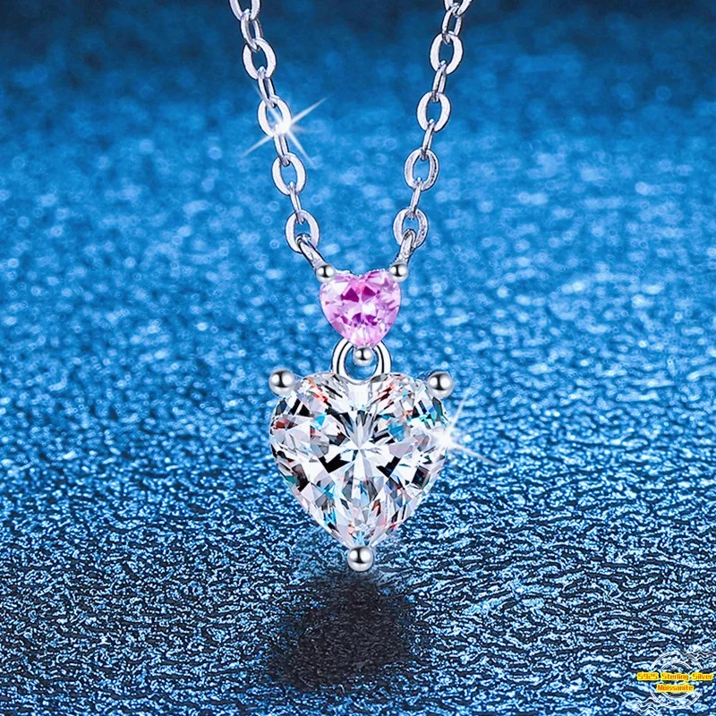 

1.0ct Moissanite S925 Silver Necklet Pendant for Women Men Plated Platinum Heart to Heart Charm Necklace Valentine's Day gift