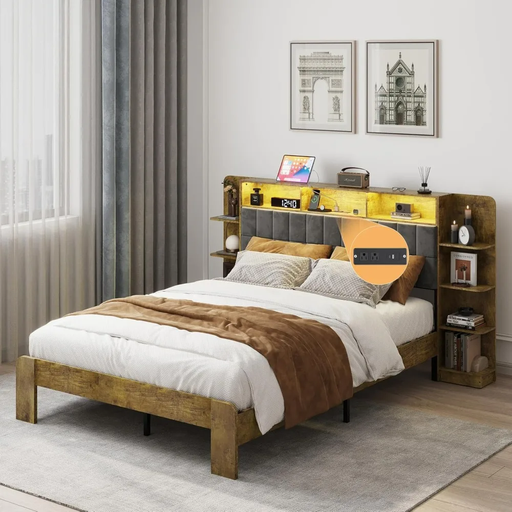 

Queen Bed Frame with Linen Headboard, Platform Bed with LED Lights & Charging Station, Bedframe with Storage & Bookcase Shelves