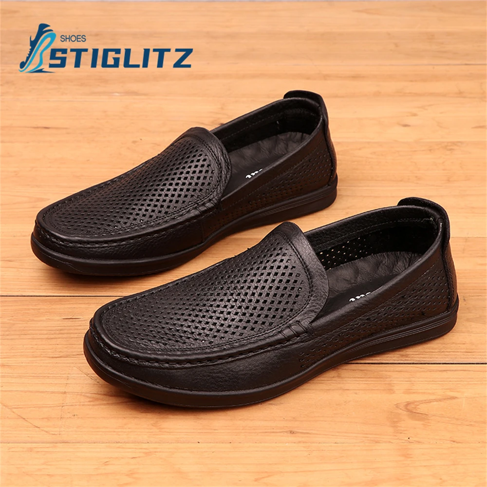 

Black Genuine Leather Slip On Loafers Hollow Breathable Mesh Flat Casual Shoes Round Toe Shallow Moccasins Men's All Match Shoes