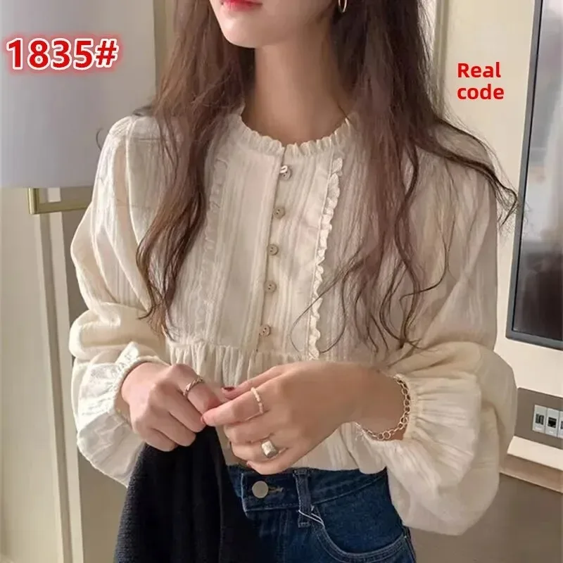 Com babados e bordado em torno do pescoço blusa feminina chique estilo coreano primavera temporada redução de idade vintage doce menina camisa