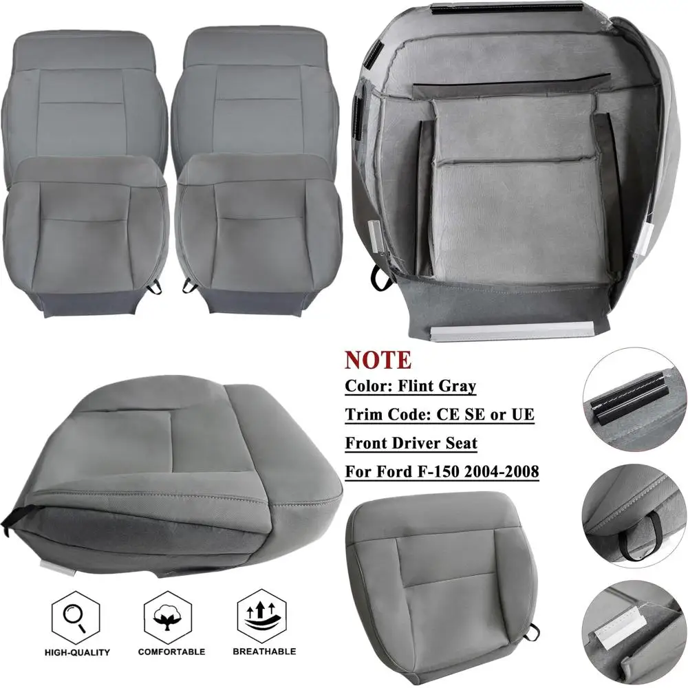 

Front Driver and Passenger Side Bottom and Top Replacement Cloth Seat Covers Gray Compatible with Ford F150 2004-2008