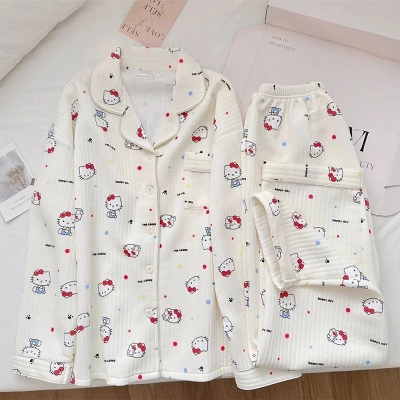 2024 Hello Kitty Pajamas Women Kawaii Sanrio Anime Long-Sleeved Top Pants Winter Cute Cartoon Thickened Warm Home Clothes Toy