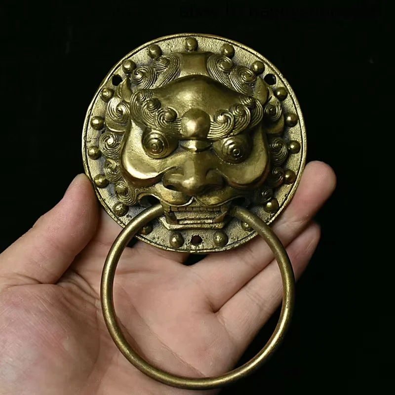 Collect China Dynasty Bronze Fengshui Animal Lion Beast Head Door Knocker Statue Figurines Home Accessories Collection Ornaments