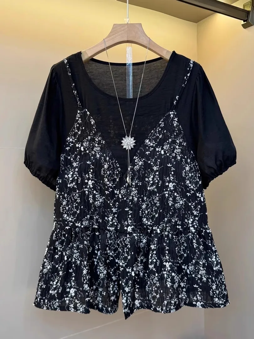 

Новинка лета больших размеров с цветочным принтом ter Ne Loose ort Sve Женский цветной топ Blo Sweet Youthful Sle Корейский для поездок на работу