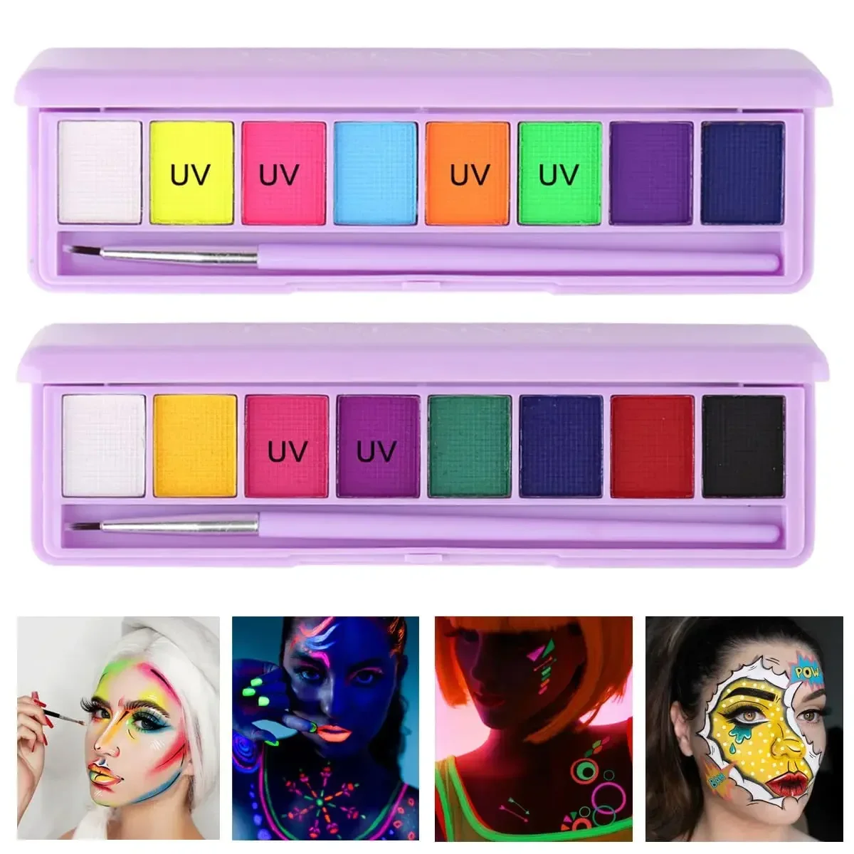 Heallor สีน้ำมันทาสีใบหน้า8สีเรืองแสง UV, สีน้ำมันทาสีน้ำปลอดภัยปลอดสารพิษพร้อมแปรงแต่งหน้าคริสมาสต์ฮาโลวีนปาร์ตี้