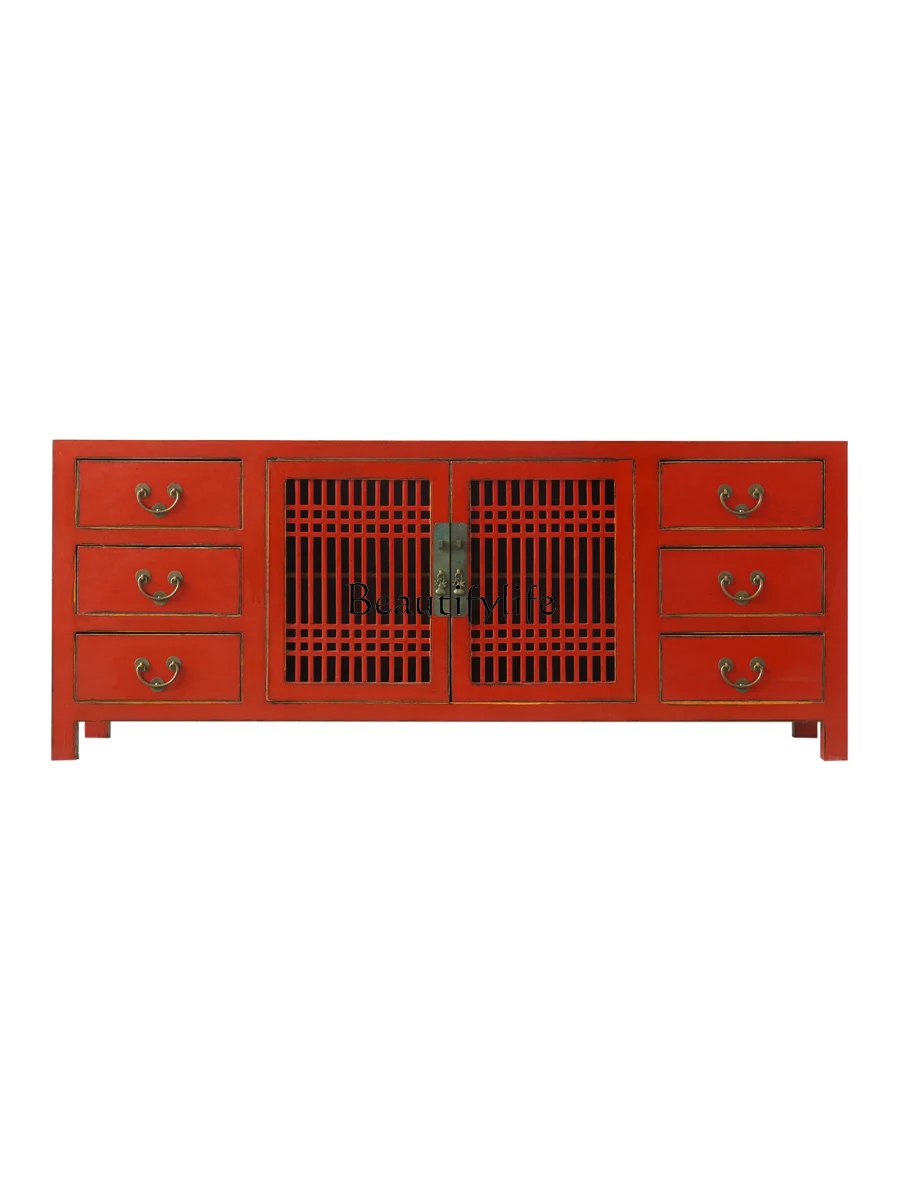 

New Chinese solid wood old dining side cabinet living room TV cabinet elm Chinese red retro