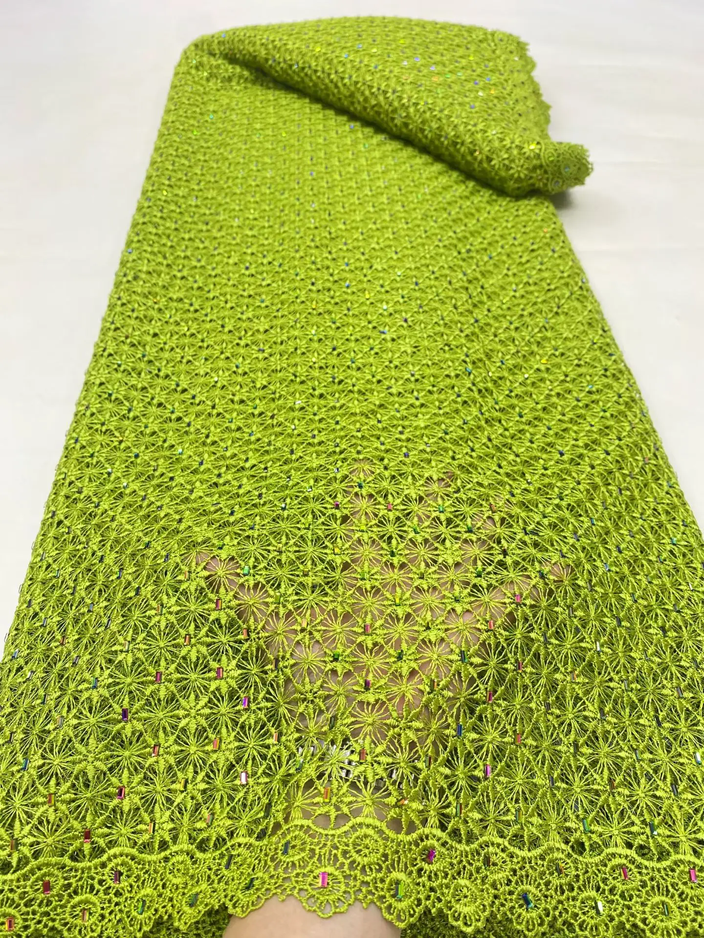 

Nigerian Tulle Lace 5Yards, African Bridal Fabric ,Beaded French Guipure with Sequins Embroidery for Party Gown&Wedding Dress