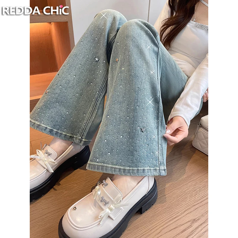 

Джинсы ReddaChic с камнями, расклешенные, женские, в стиле ретро Y2K, с эффектом потертости, с высокой талией, облегающие, модные, на каждый день