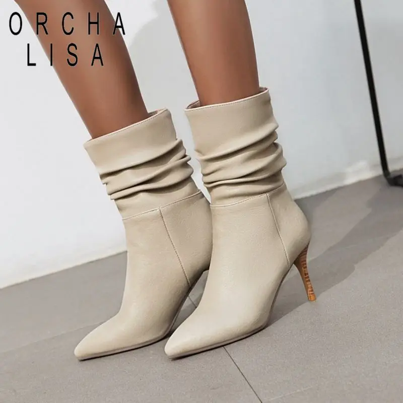 ORCHA LISA  2020 Pleated Ankle boots short heels Women Winter boots office lady high heels 8cm  botas botte femme black beige