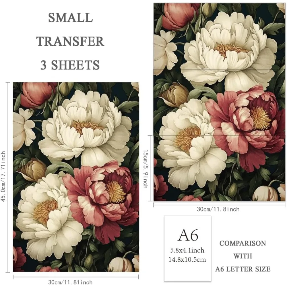 3pcs/Set September Peony Rub on Transfers for Furniture and Crafts 12x6 inch Peony Bush Furniture Decals Close-up making kit