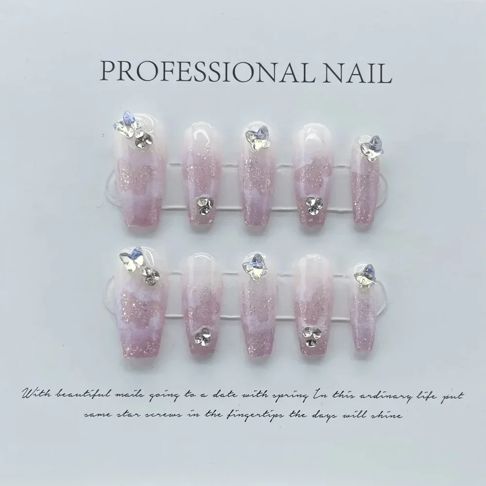 

Handmade Long Press on Nails Korean Gradient Fairy Purple Design Reusable Adhesive False Nails Artifical Full Cover Nail Tips