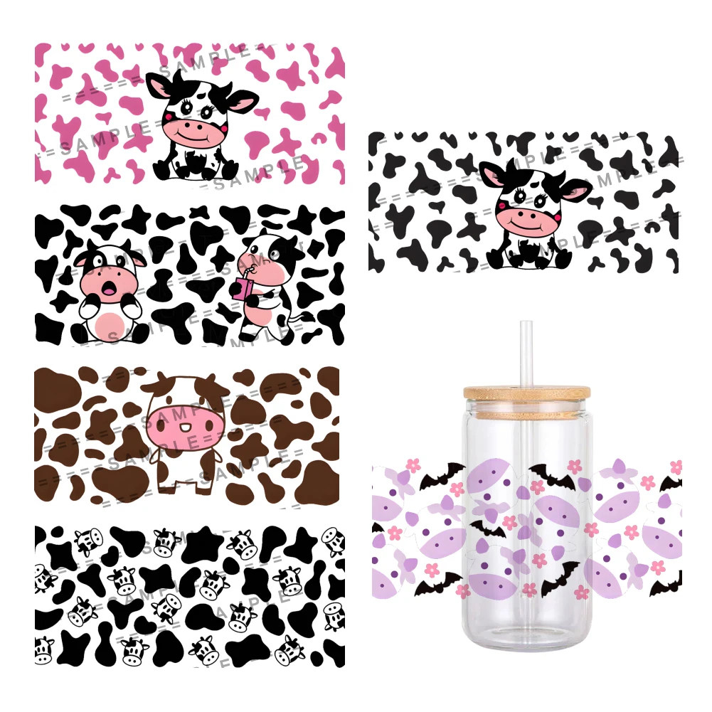 Lovely Cartoon Spotted Cow Pattern UV DTF Transfer Sticker Waterproof Transfers Decals For 16oz Glass Cup Wrap Stickers