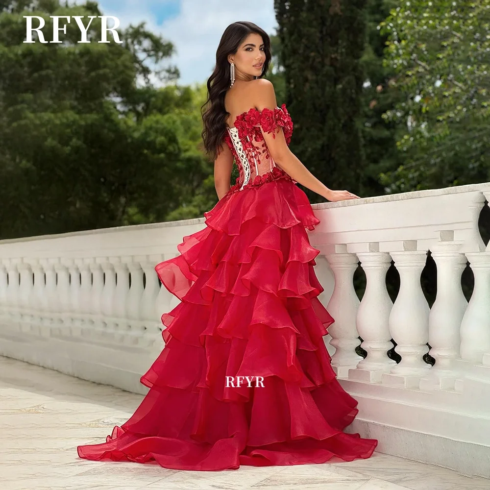 فستان سهرة مزين بالزهور ثلاثية الأبعاد من RFYR متعدد الطبقات للحفلات الراقصة على شكل حرف A فستان الأميرة مناسب رسميًا حسب الطلب