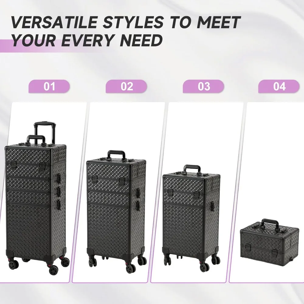 Portable Multi-Layer Rolling Nail Case with Wheels - Professional Cosmetic Organizer Storage Box (Black)