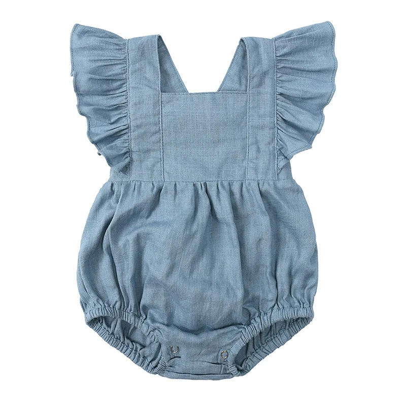 New Summer Newborn Casual Bodysuit Baby Girls Solid Flying Sleeve Cotton Linen Rompers Infant Toddler Jumpsuit Clothing