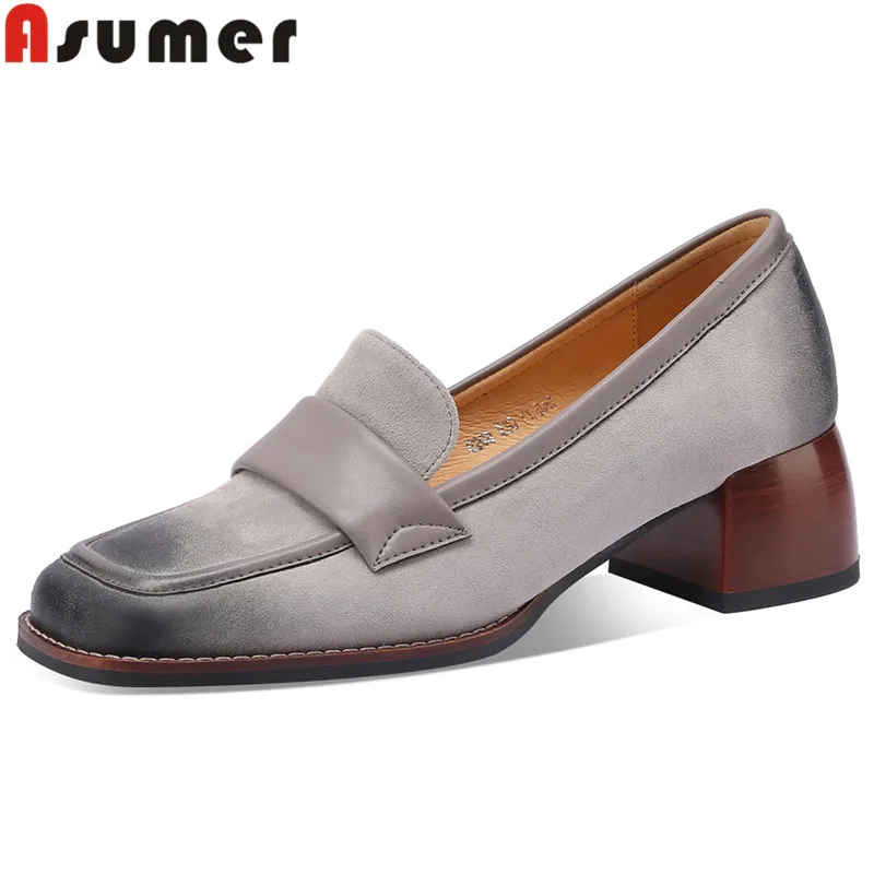 

ASUMER 2024 New Retro Genuine Leather Shoes Woman Loafers Thick Med Heels Dress Shoes Ladies Slip On Spring Pumps