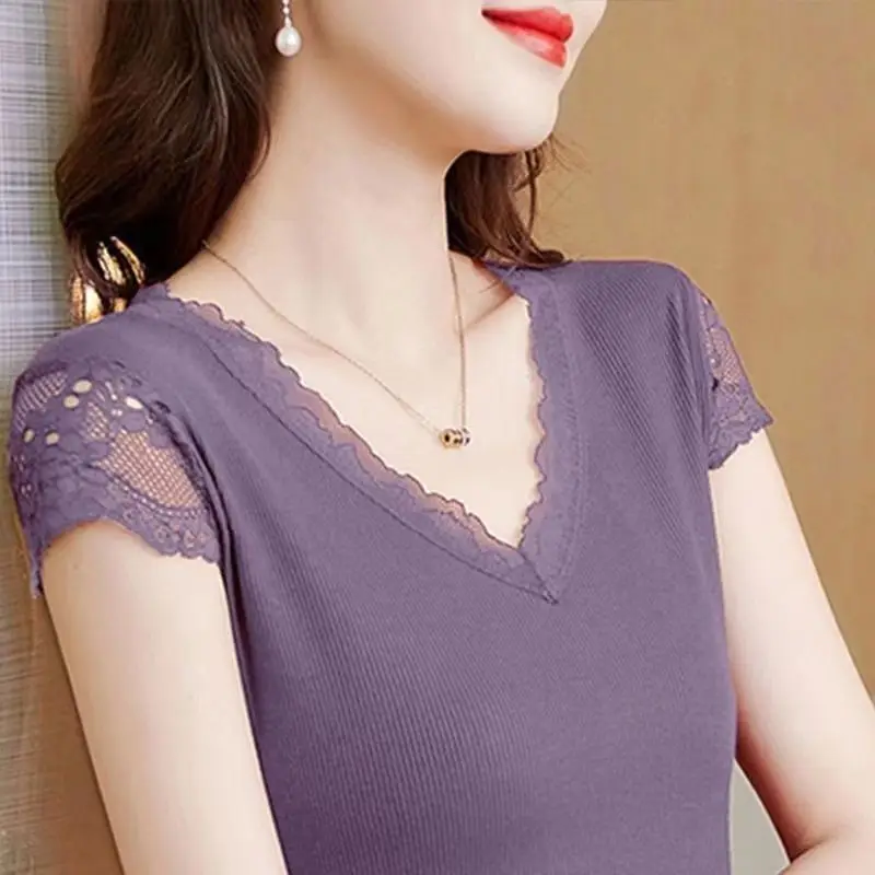 Women Summer Casual Ice shreds Appear thin Solid color Lace V-neck short sleeve T-Shirt women clothes Simplicity All-match tops