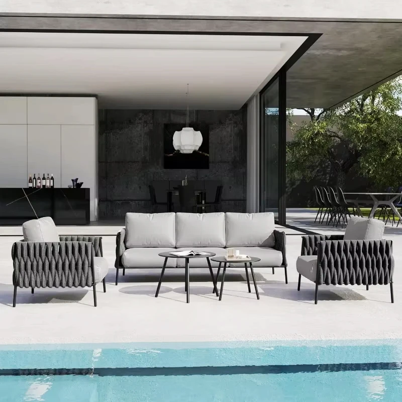 

Hot Sale Modern Rattan Aluminum Alloy Garden Sofa Set Hotel Pool Outdoor Sofa L Shape Rope Outdoor Sofa