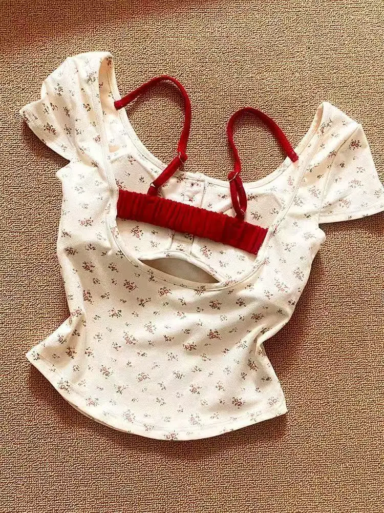 امرأة تي شيرت اثنين سليم صالح تيز موضة الأزهار الحلو Camisetas المحاصيل القمم مثير عارية الذراعين التي شيرت الصيف عادية Y2k تي شيرت