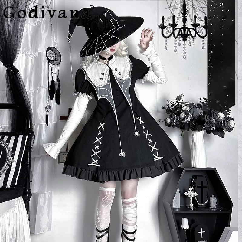 

Lolita Original Halloween COS Dress Women Drag Sleeve Slim Black and White Dress Female Halloween Carnival Daily Dress