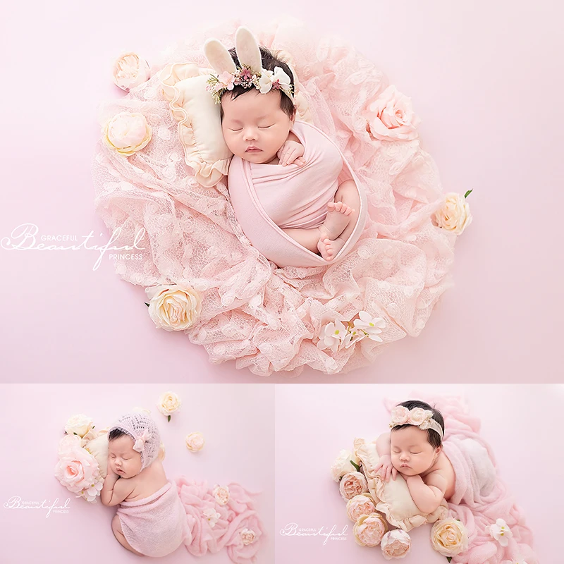 

Newborn Photography Props Pink Rose Theme Lace Swaddle Blanket Baby Girl Artificial Flower Headpiece Studio Photography Outfit