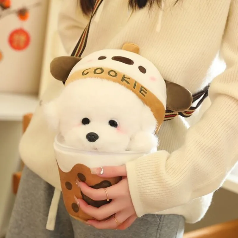 JIAERDI Sweet Cute Milk Tea Puppy Shoulder Bag Women Cartoon Plush Crossbody Bags Ladies Lolita Creative Chic Gift Unique Purse