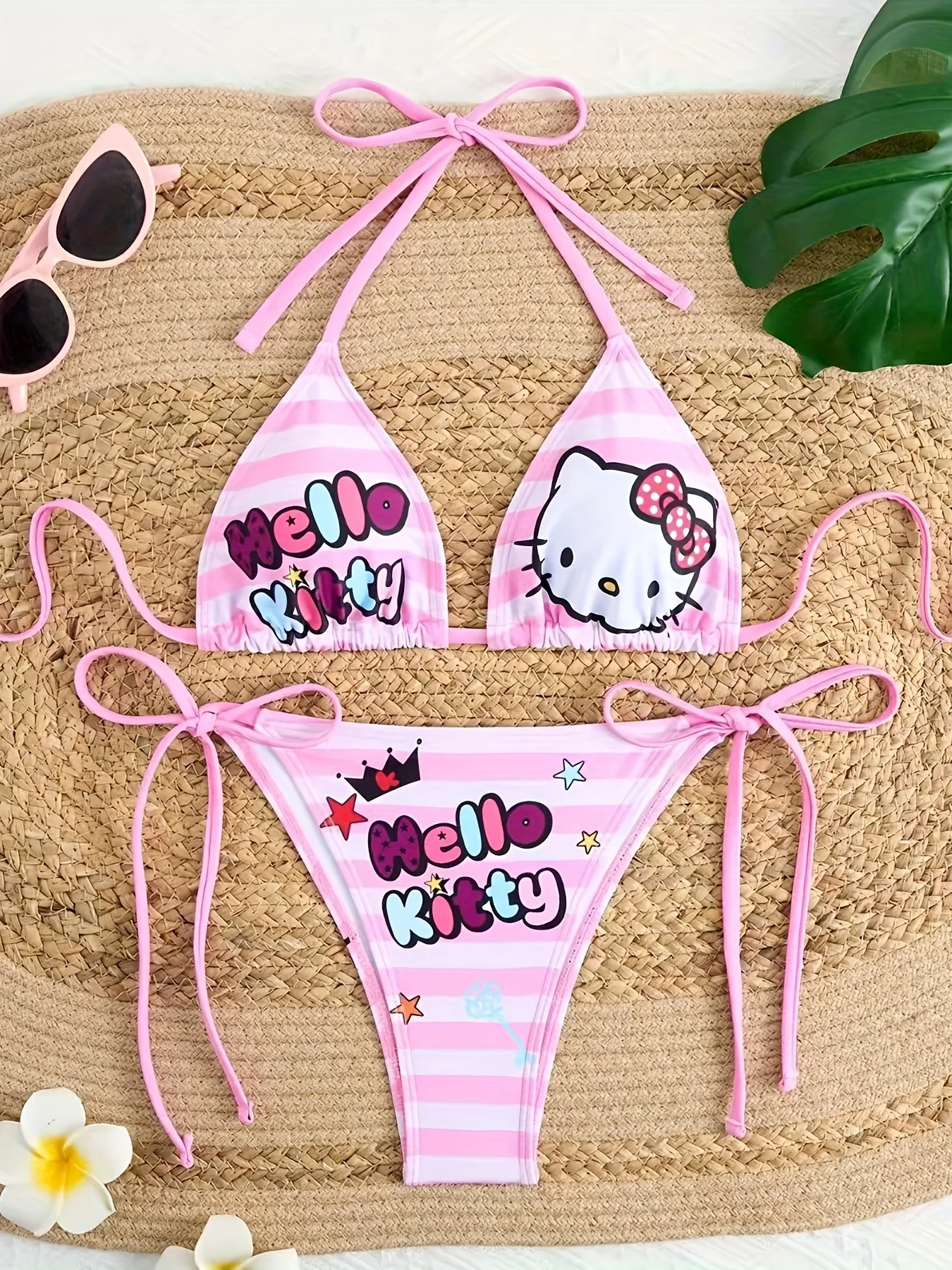 2pcs/A set Hello Kitty Print Bikini Set Women Pink Striped Halter Triangle Swimsuit Tie Side Two-Piece Bathing Suit Beachwear