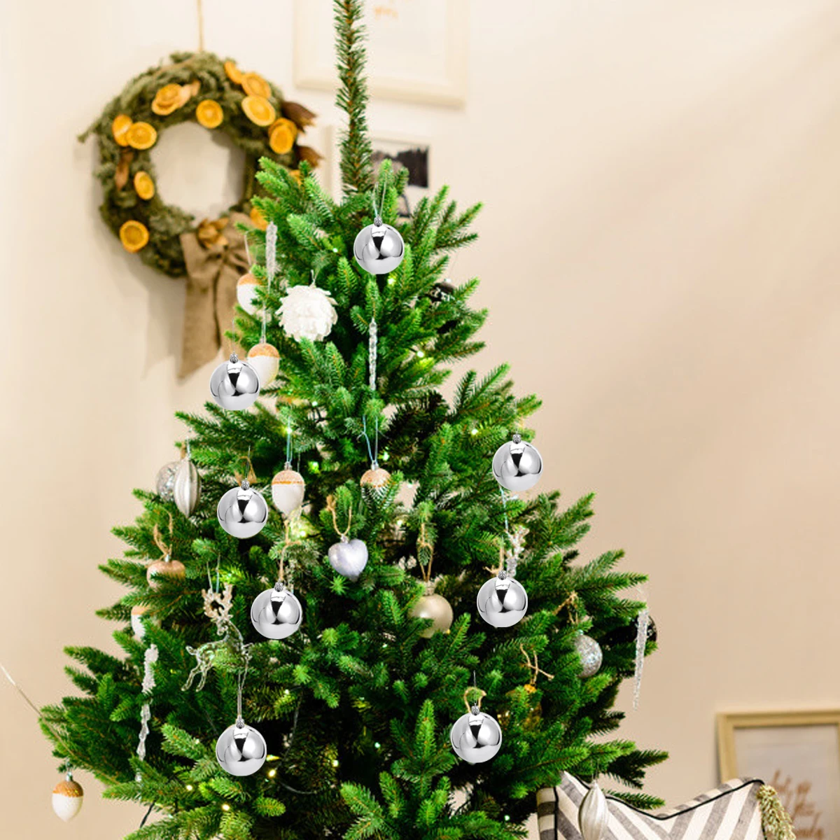 

12Pcs Christmas Ball Ornaments Silver Plastic Hanging Balls Xmas Tree Decoration Ceiling Ball Pendent Party Decoration