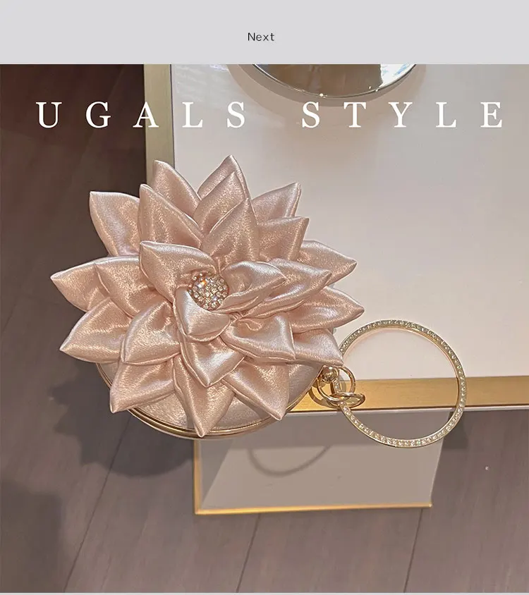 

Metal Ring Handle Women Handbag Luxury Satin Solid Floral Handmade Evening Bag Wedding Party Clutch Purse Shoulder Crossbody Bag