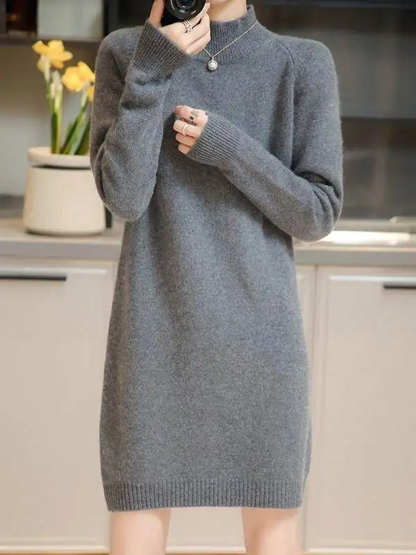 Autumn Winter New Style Lazy Fashion High End Korean Loose Color mid Length Knitted Long Sleeve Base Shirt Women's Wear