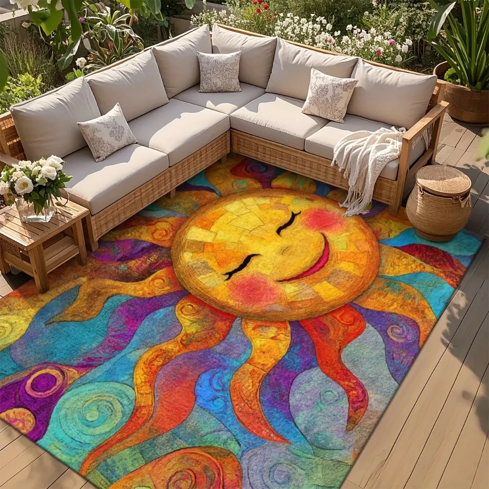 Multicolor Large Area Rug 2D Flat Print Non-Slip Outdoor Floor Mat for Patio Living Room RV Camping Balcony Home Carpet Decor