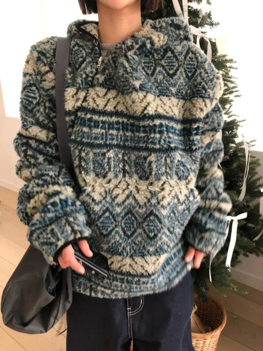 Damessweater van lamsbont met capuchon, losse, warme katoenen Jaet Winter Vintage Sle vrijetijdskleding voor verschillende gelegenheden