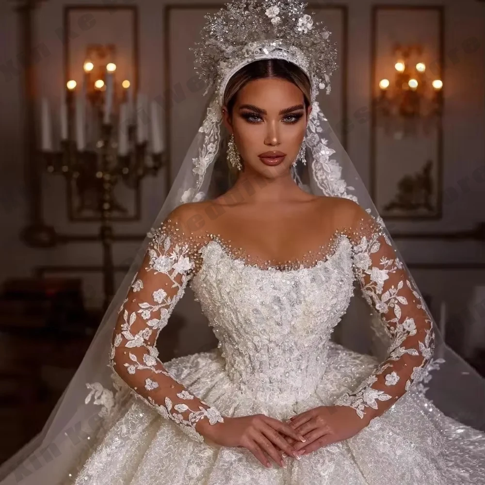 

2026 Luxury Princess Wedding Dresses Vintage Bridal GownS Beading Shinny Tulle Long Sleeves Robe Elegant Pretty Dress Customized