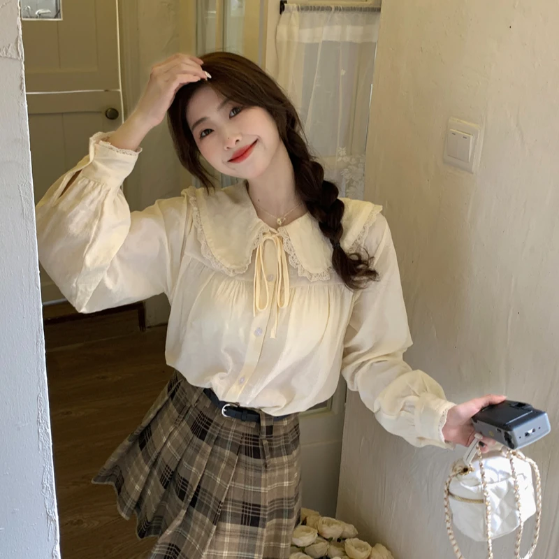 Lace-up Design Shirt Women Cute Sweet Girls Casual Popular Peter Pan Collar All-match Japanese Style Aesthetic Spring Classic