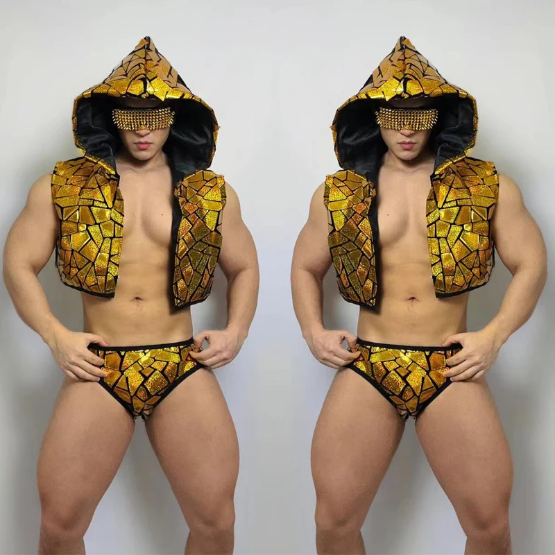 Nightclub DJ Party Muscle Man Gogo Pole Dance Clothes Silver Gold Mirrors Costume Sequins Hoodie Shorts Stage Rave Outfit XS5951