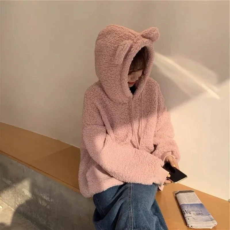 QWEEK Kawaii Hoodies Women 2021 Korean Fashion Casual Cute Bear Sweatshirt Loose Top Female Oversized soft Girls