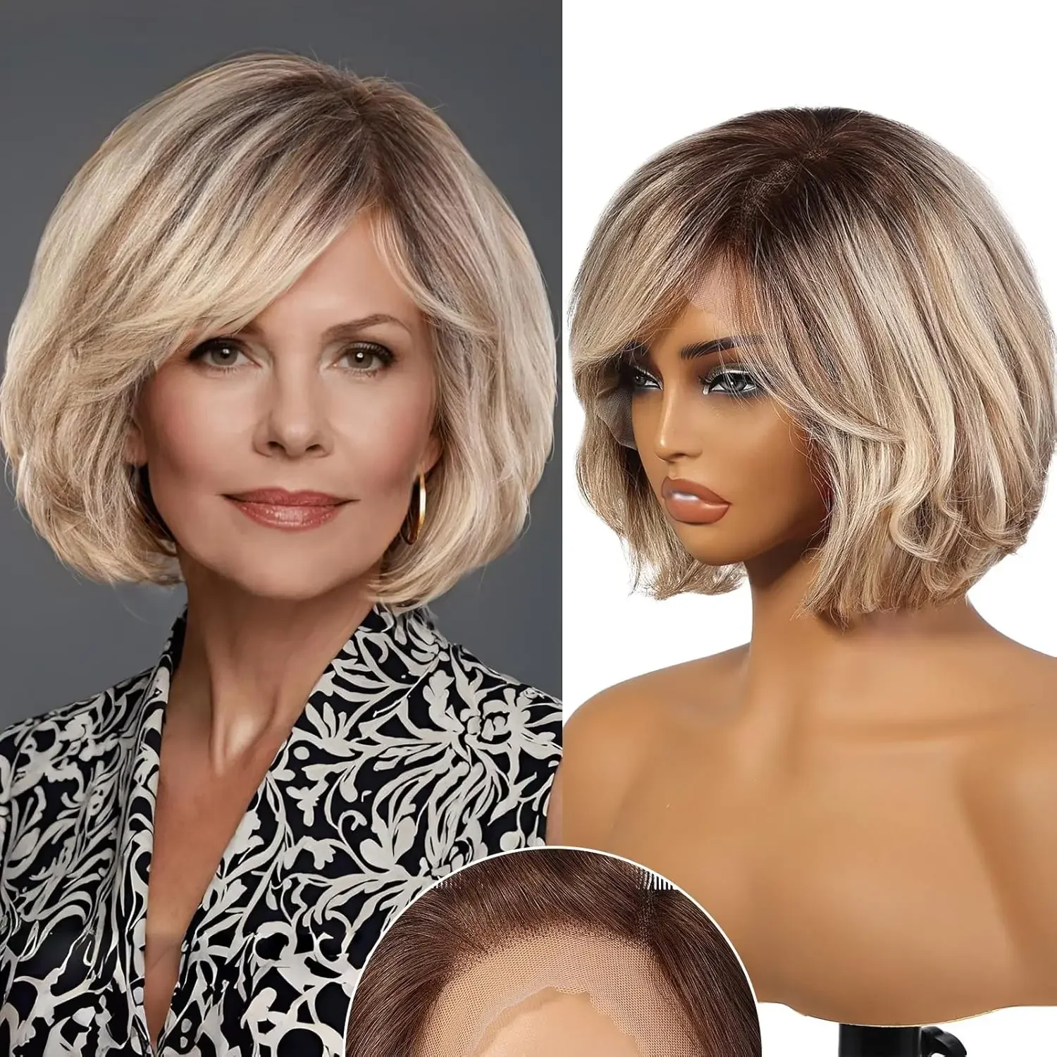 Perruque Bob Lace Front Wig Naturelle Ondulée avec Frange, Cheveux Courts, Mèches Blondes, 12 Pouces, HD, Racines Foncées, pour Femme