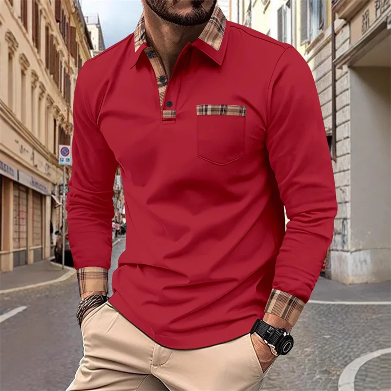 Men's stylish plaid patchwork long-sleeved polo shirt, casual slim fit, color-blocked collar, versatile for everyday wear.