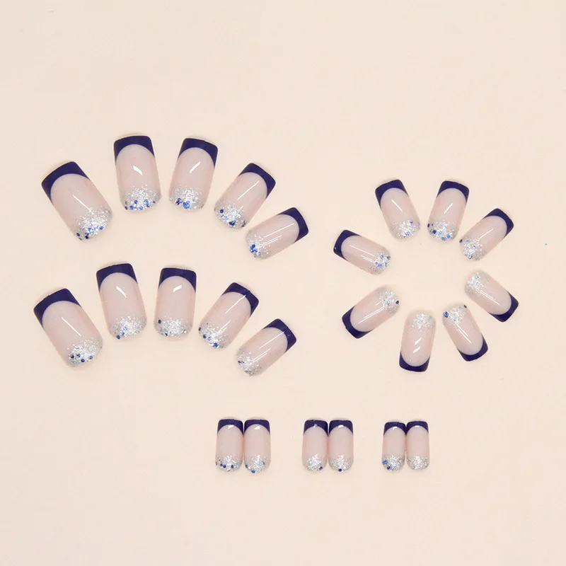 

24Pcs Medium Oval Press on Nails - Instagram Style Glitter French Tip with Denim Blue Crystal Border