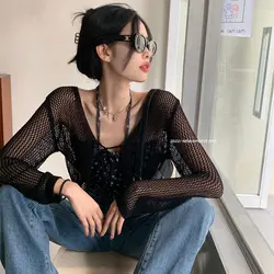 Ice Silk Knitted Sunscreen Cardigan Thin Women's Summer Outwear Shawl Long Sleeved V-neck Hollow Cover Short Top Women's