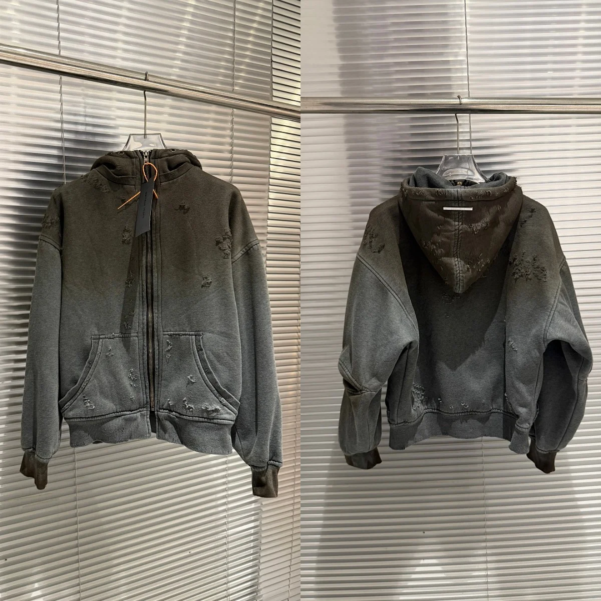 Fashion Streetwear Brand LA Distressed Gradient Dirty Stain Metallic Logo Label Zipper Hoodie Sweatshirt Loose Oversized Jacket
