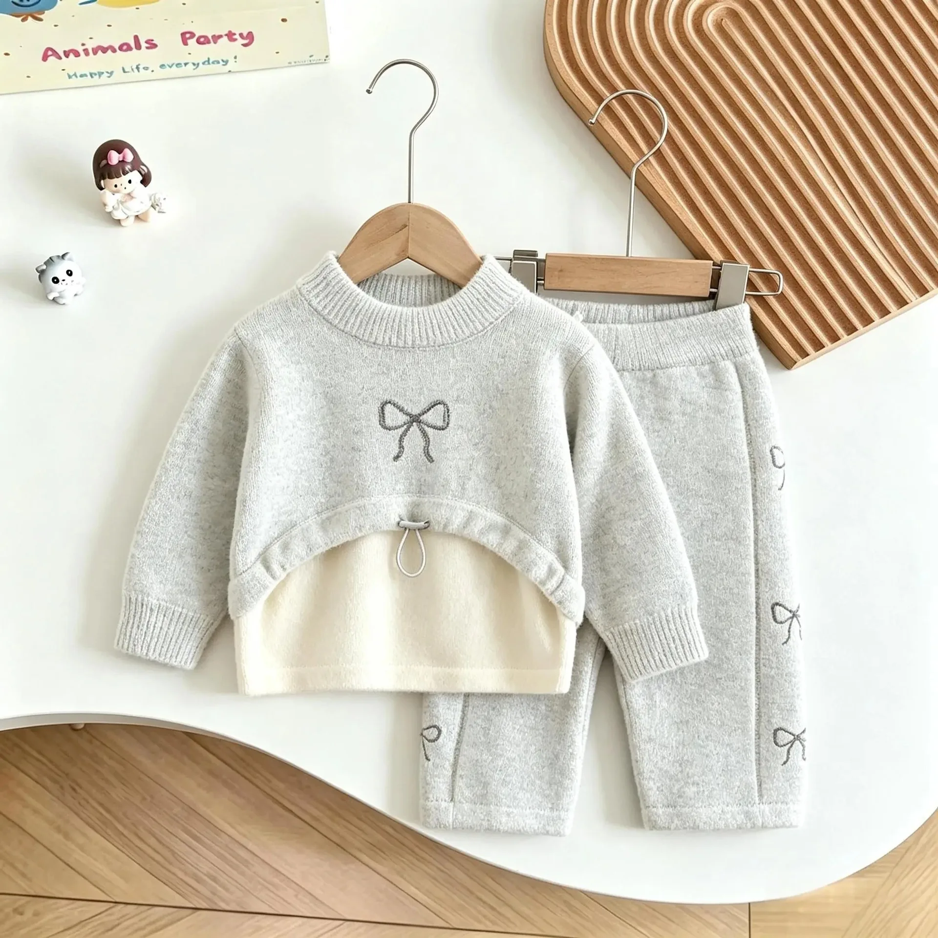 Fall Winter 2PCS Top and Bottom Set Long Sleeve Thicken Clothing Fake Two Piece Pullover Embroidery Bow Casual Outfits Hoodie