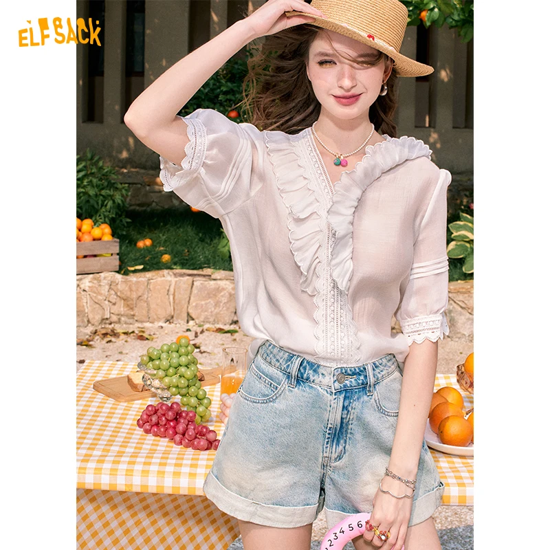 ELFSACK 2024 summer new arrival French V-neck gentle puff sleeve high-end temperament white shirt for women