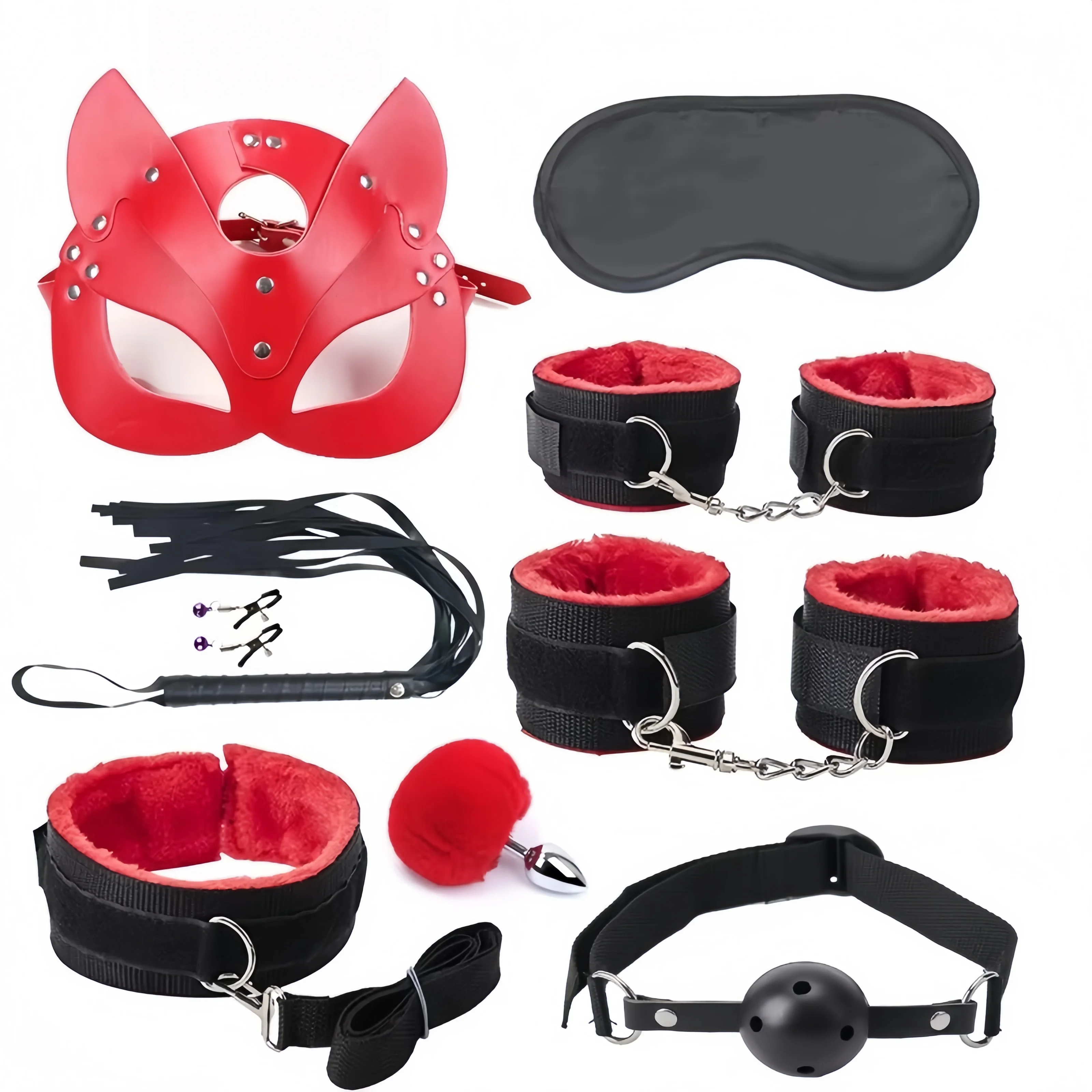 9pcs BDSM Bondage Set for Couples Sexy Cat Mask Handcuffs Ball Gag Flogger Anal Plug Nipple Clamps Fetish Role Play Sex Toy Kit